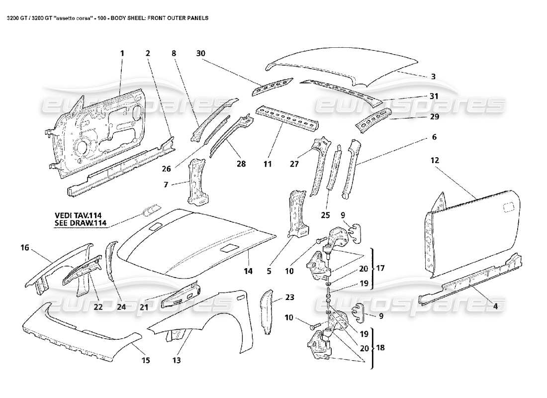 Maserati 3200 GT/GTA/Assetto Corsa Karosserie: Vordere Außenverkleidungen Teildiagramm