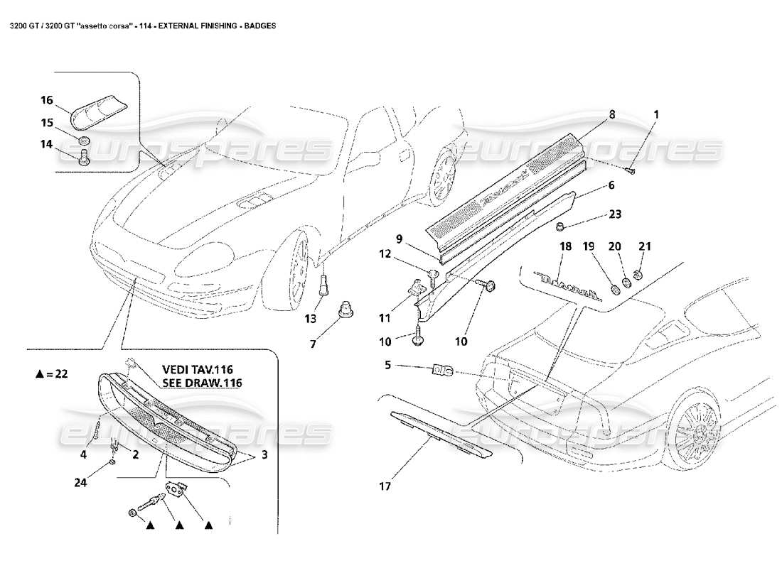 Maserati 3200 GT/GTA/Assetto Corsa Äußere Veredelung: Abzeichen Teilediagramm