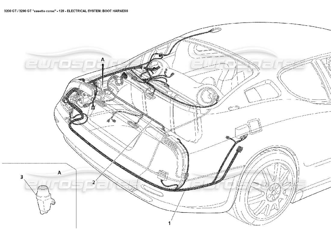 Maserati 3200 GT/GTA/Assetto Corsa Elektrik: Kofferraumkabelbaum Teildiagramm