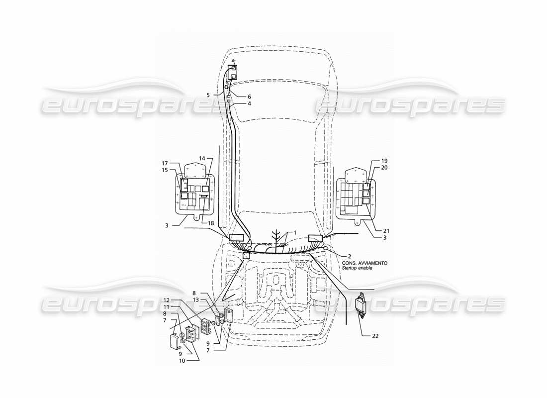 Maserati Ghibli 2.8 (ABS) Elektrisches System: Teilediagramm für Armaturenbrett und Batterie (Linkslauf).