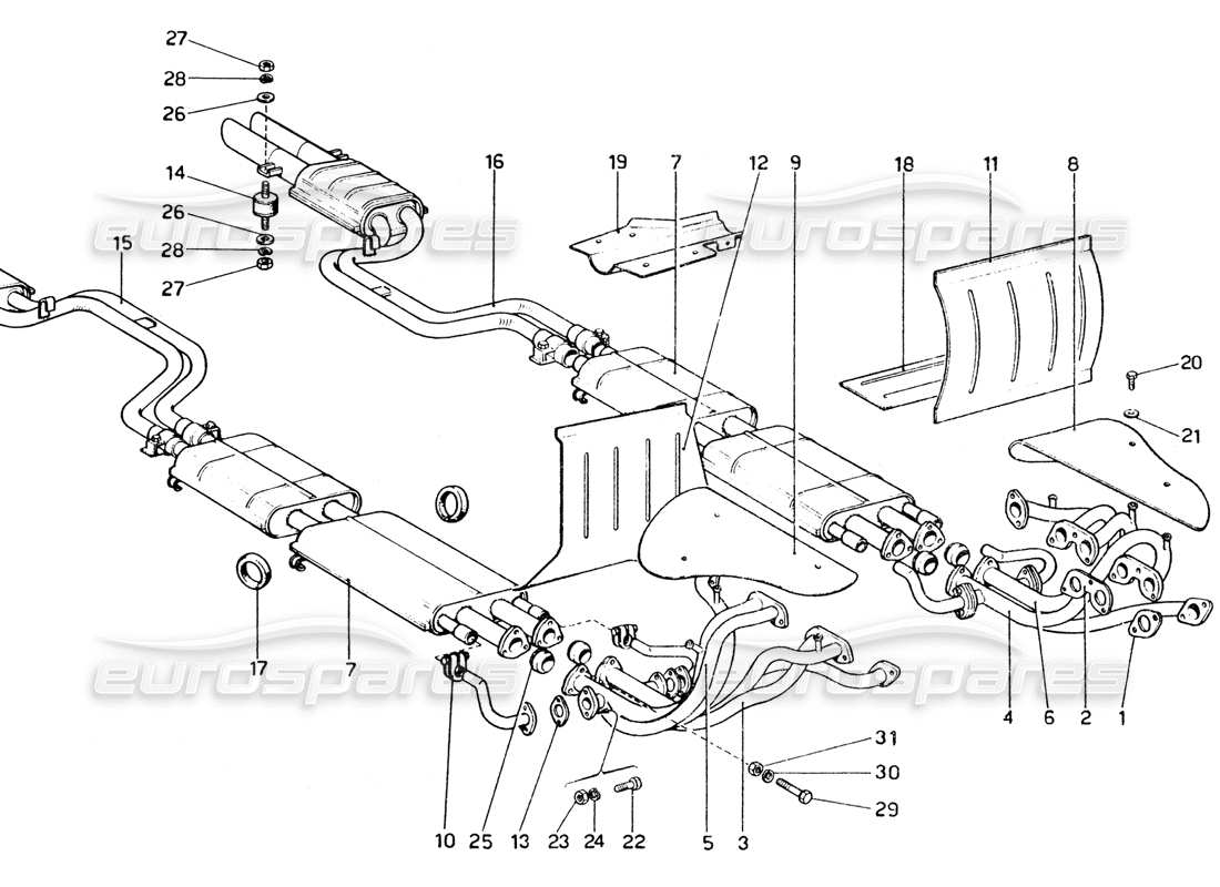 Ferrari 365 GTC4 (Mechanisch) Abgasanlage - Überarbeitung Teilediagramm