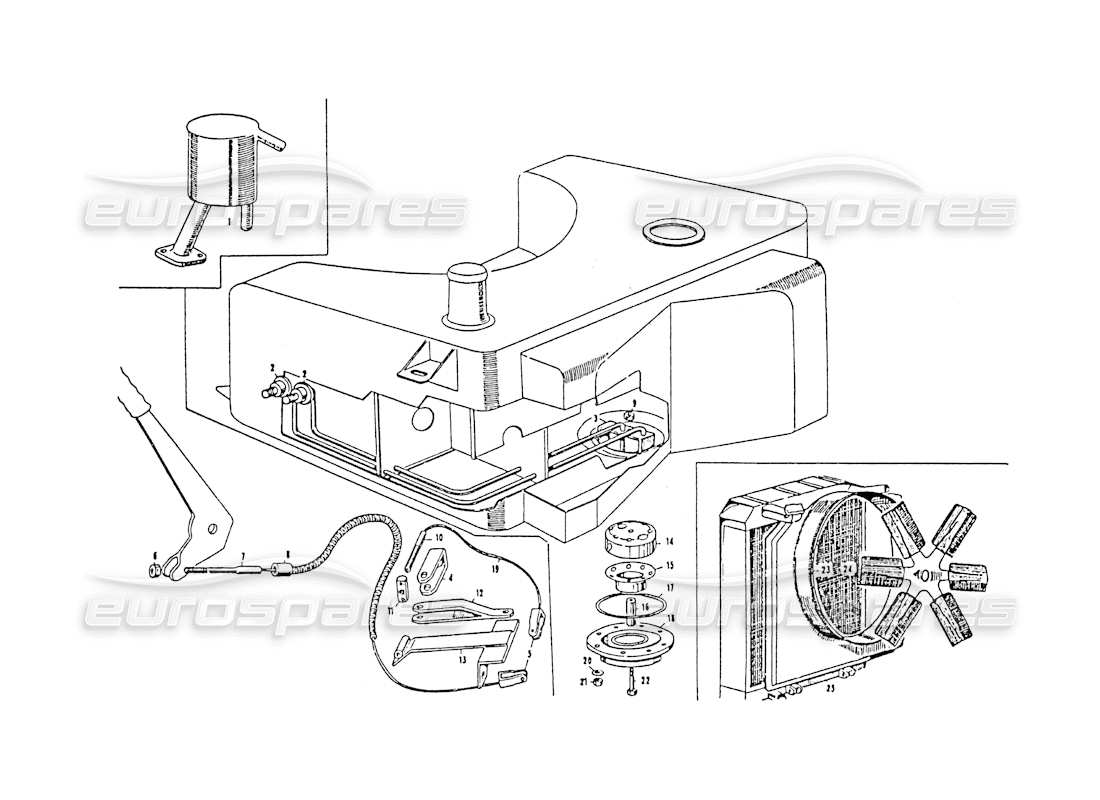 Maserati 3500 GT Kraftstofftank, Handbremse, Wasserkühler Teilediagramm