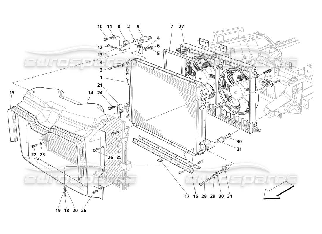 Maserati QTP. (2003) 4.2 Kühlsystem: Kühler und Luftförderer Teilediagramm