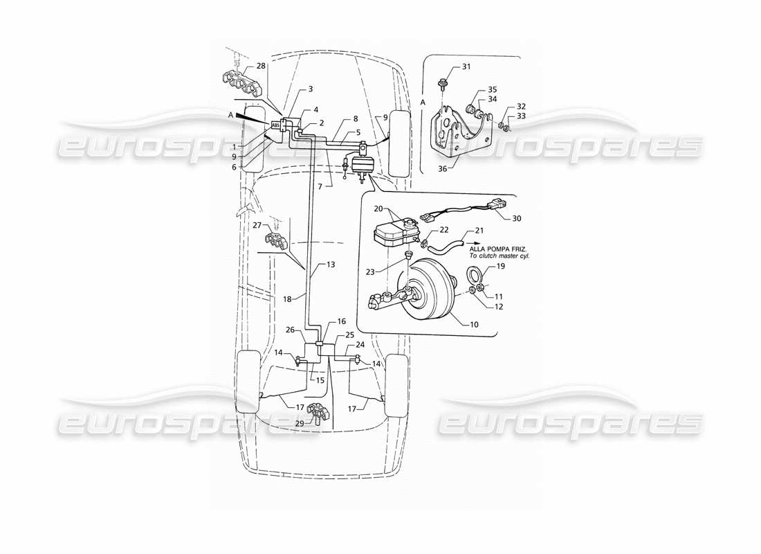 Maserati QTP V8 (1998) Teildiagramm der ABS-Hydraulikbremsleitungen (RHD).