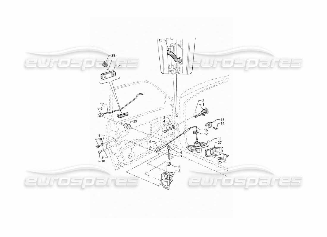 Maserati QTP V8 (1998) Vordertüren: Scharniere und innere Bedienelemente Teildiagramm