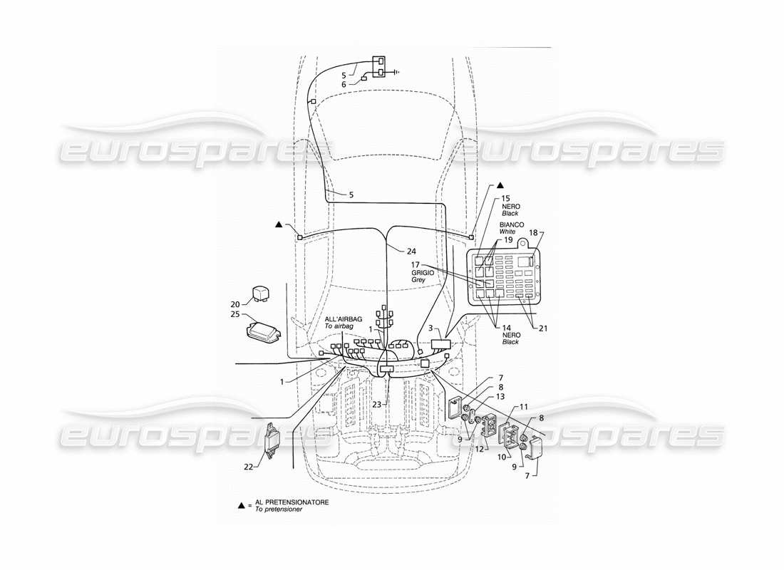 Maserati QTP V8 (1998) Elektrisches System: Teildiagramm für Armaturenbrett und Batterie (RHD).