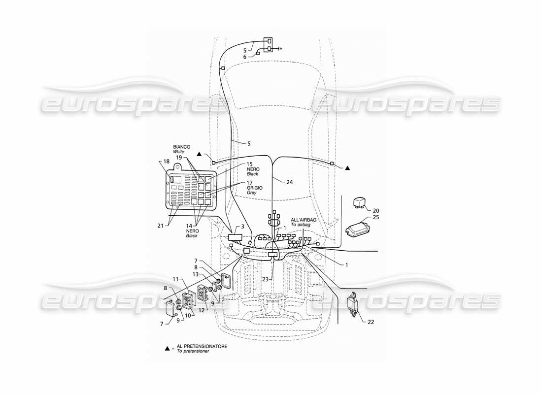 Maserati QTP V8 (1998) Elektrisches System: Teildiagramm für Armaturenbrett und Batterie (LHD).