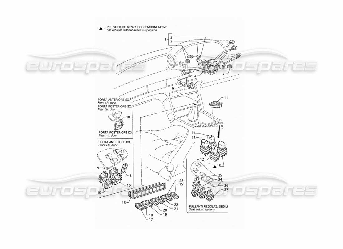 Maserati QTP V8 (1998) Teildiagramm von Schaltern und Lenkschloss (RHD).