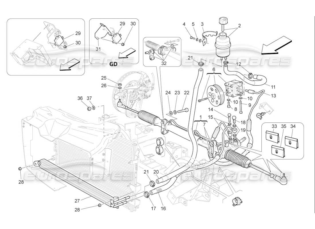 Maserati QTP. (2010) 4.7 auto Lenkgetriebe und hydraulische Lenkpumpe Teildiagramm