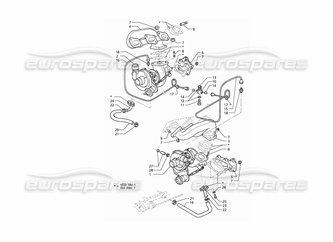 Maserati QTP V6 (1996) Schmierung von Turbogebläsen und Abgaskrümmern Teilediagramm