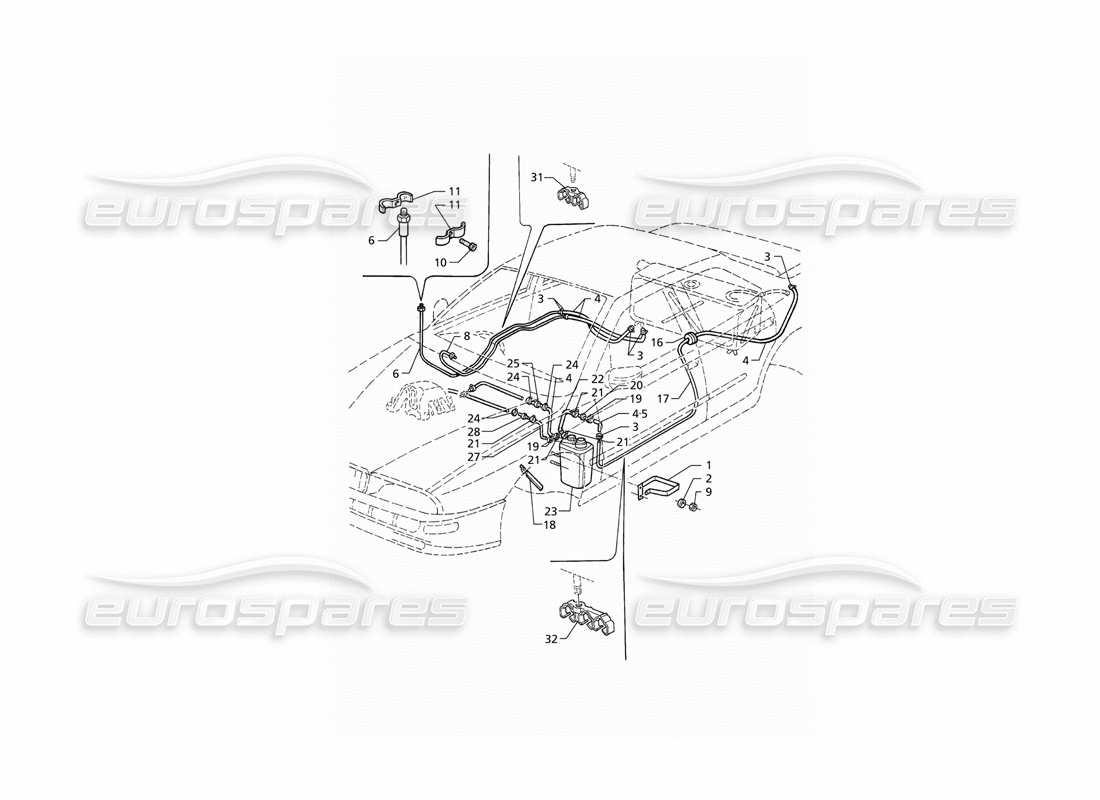 Maserati QTP V6 (1996) Teilediagramm für das Rückgewinnungssystem für Verdunstungsdämpfe und die Kraftstoffleitungen (RHD).