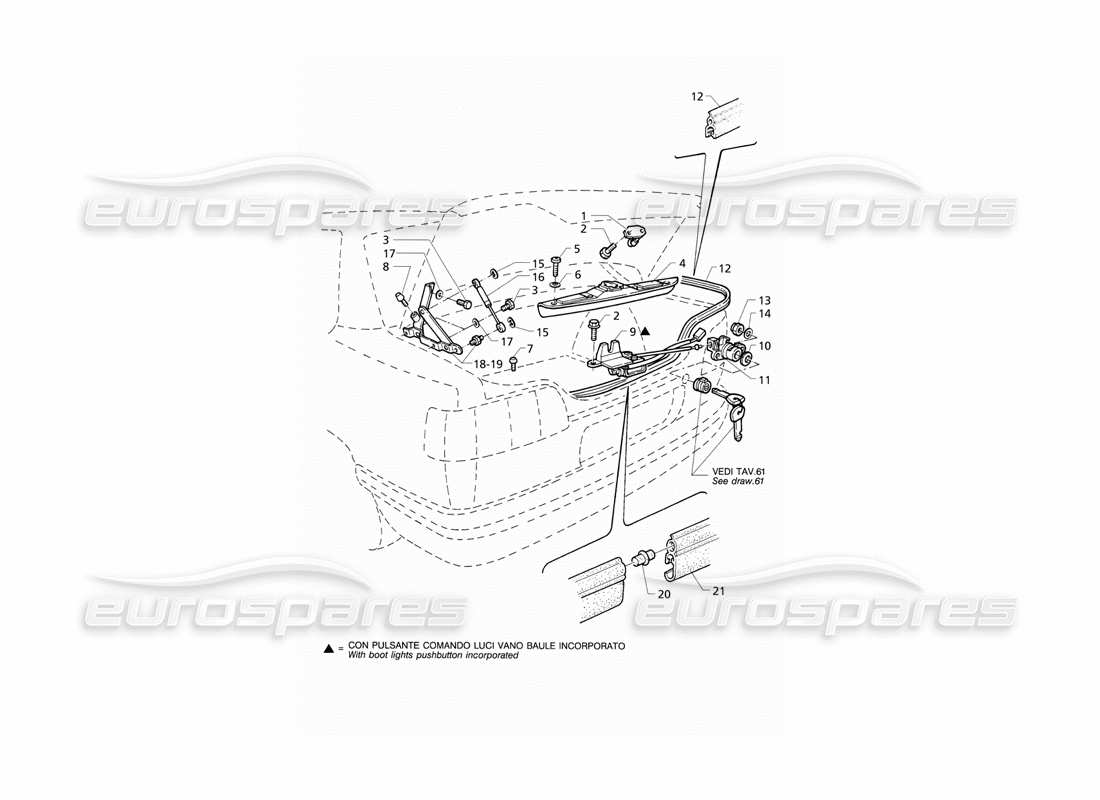 Maserati QTP V6 (1996) Kofferraumdeckel: Scharniere, Kofferraumdeckelentriegelung Teilediagramm