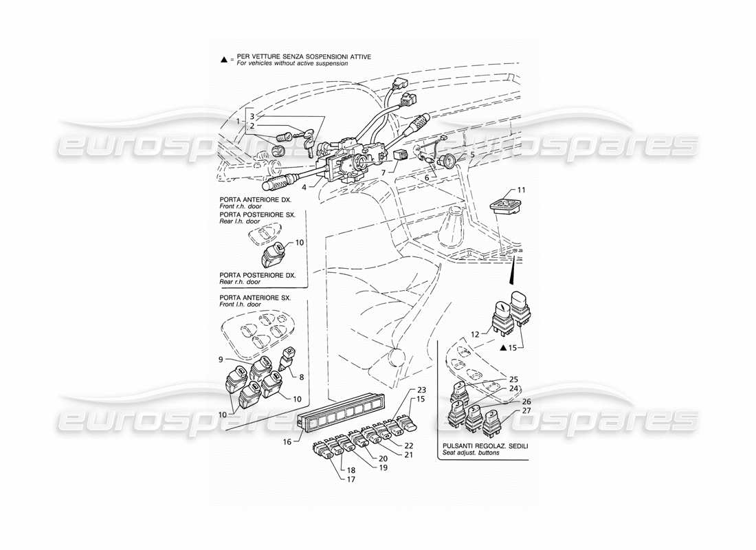 Maserati QTP V6 (1996) Teilediagramm für Schalter und Lenkschloss (LHD).