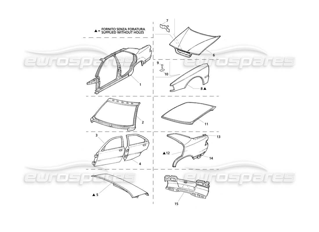 Maserati QTP V8 Evoluzione Karosserie: Frontplatte und innere Radkästen Teilediagramm