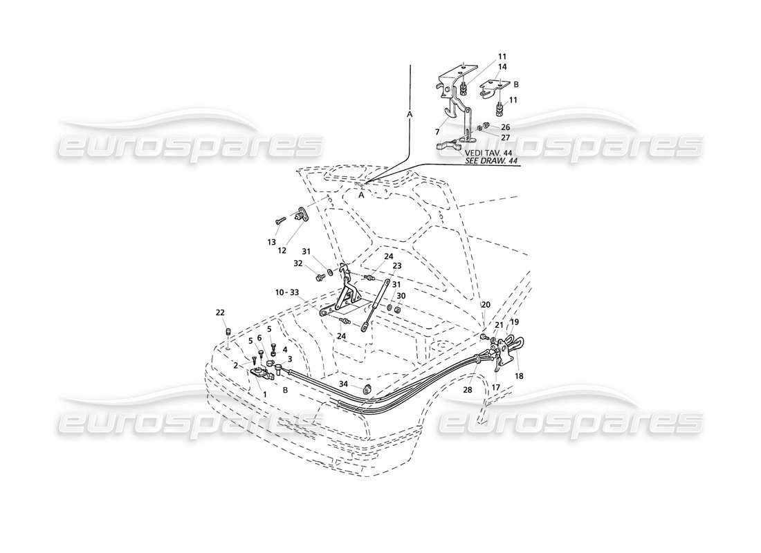 Maserati QTP V6 Evoluzione Motorhaube: Scharniere und Motorhaubenentriegelung Teildiagramm