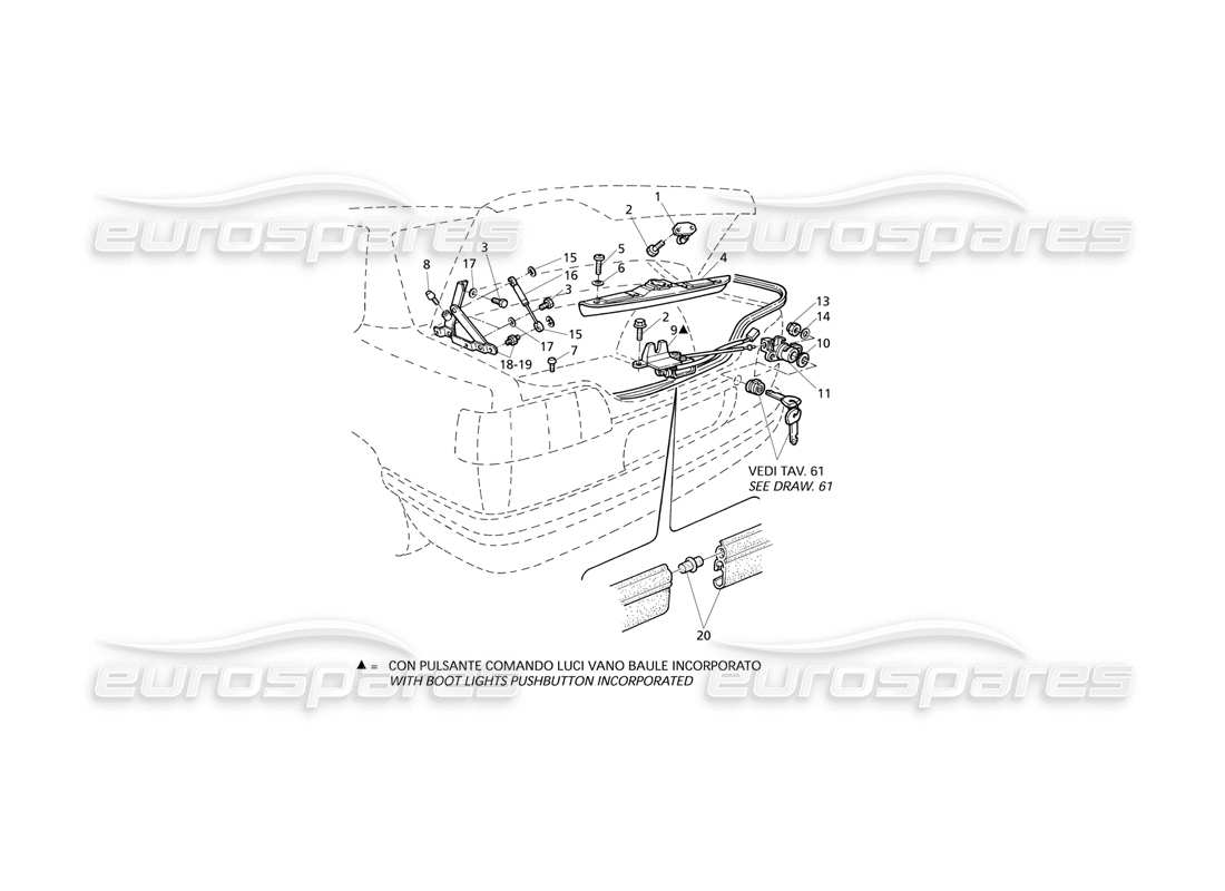 Maserati QTP V6 Evoluzione Kofferraumdeckel: Scharniere, Kofferraumdeckelentriegelung Teildiagramm