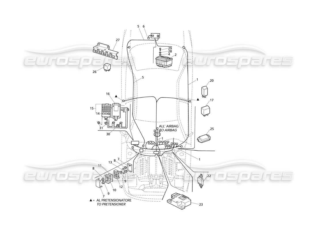 Maserati QTP V6 Evoluzione Elektr. System: Armaturenbrett und Batterie Teilediagramm