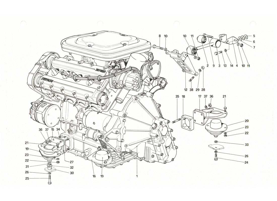 Ferrari 208 GTB GTS Motor – Getriebe und Stützen Teildiagramm