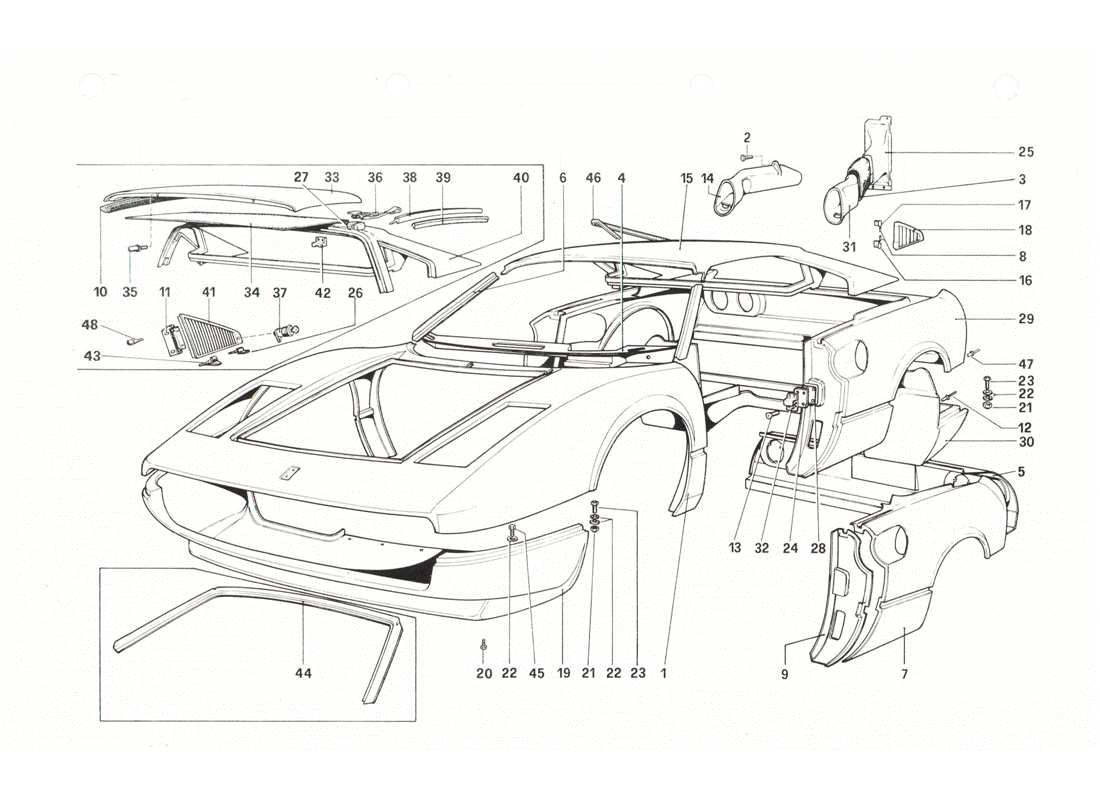 Ferrari 208 GTB GTS Karosserie – äußere Elemente Teildiagramm