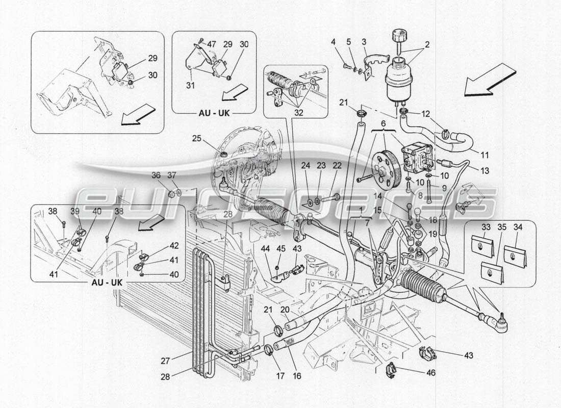 Maserati GranCabrio MC Centenario Lenkgetriebe und hydraulische Lenkpumpe Teilediagramm