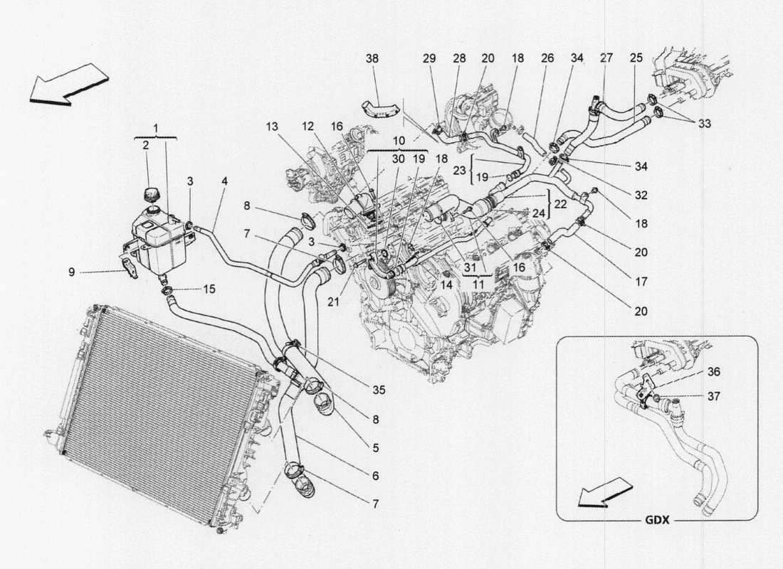 Maserati QTP. V6 3.0 TDS 275bhp 2017 KÜHLSYSTEM: NOURICE UND LINIEN Teilediagramm