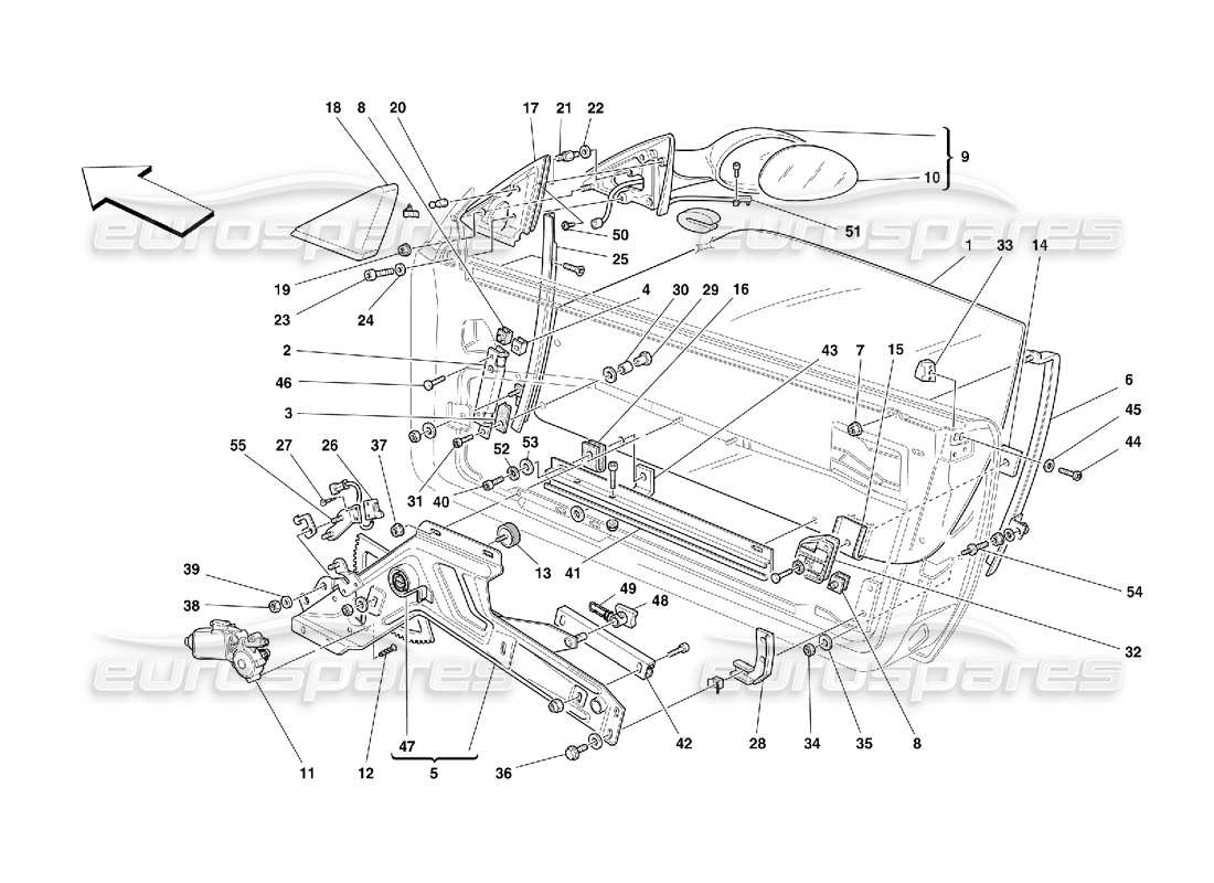 Ferrari 550 Maranello Türen – elektrische Fensterheber und Rückspiegel Teildiagramm