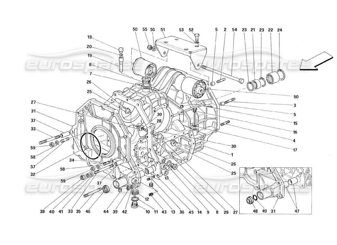 Ferrari 348 (1993) TB / TS Getriebe – Differentialgehäuse und Zwischengehäuse Teilediagramm