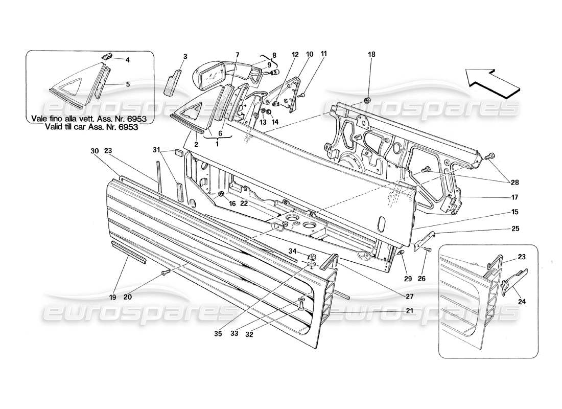Ferrari 348 (1993) TB / TS Türen – Rahmen und Rückspiegel Teilediagramm