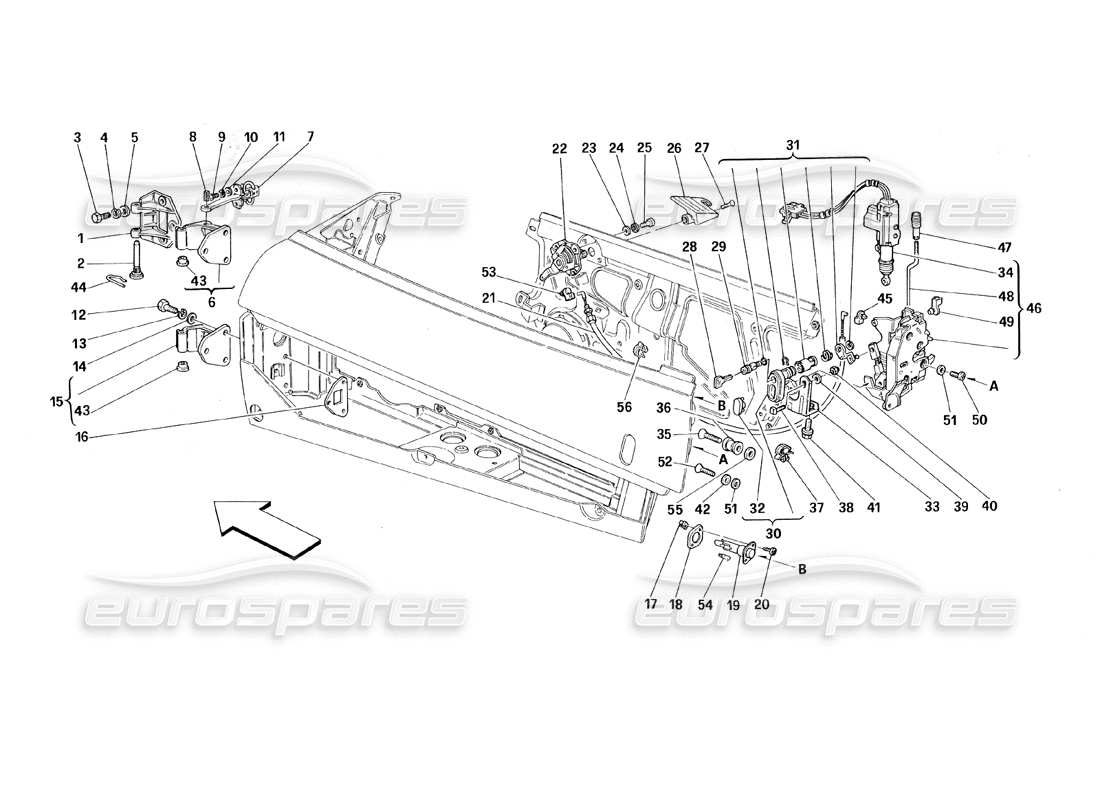 Ferrari 348 (1993) TB / TS Türen – Öffnungskontrolle und Scharniere Teilediagramm