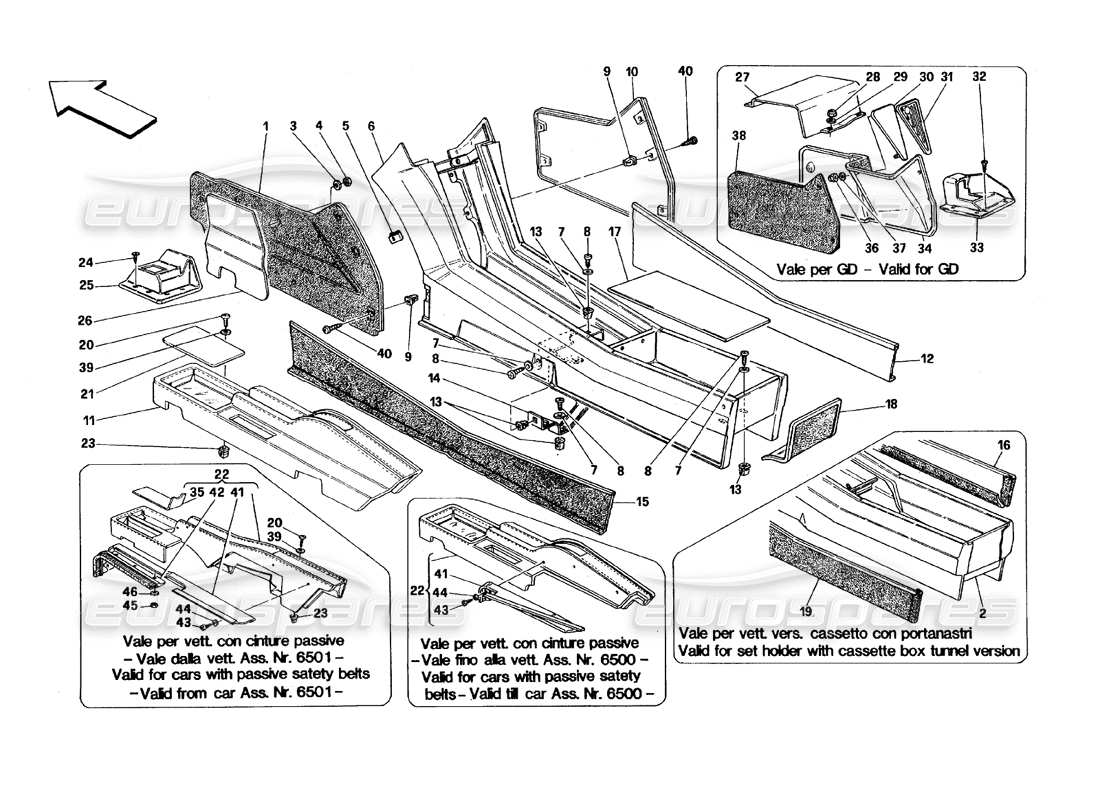 Ferrari 348 (1993) TB / TS Tunnel - Rahmen und Zierleisten Teilediagramm