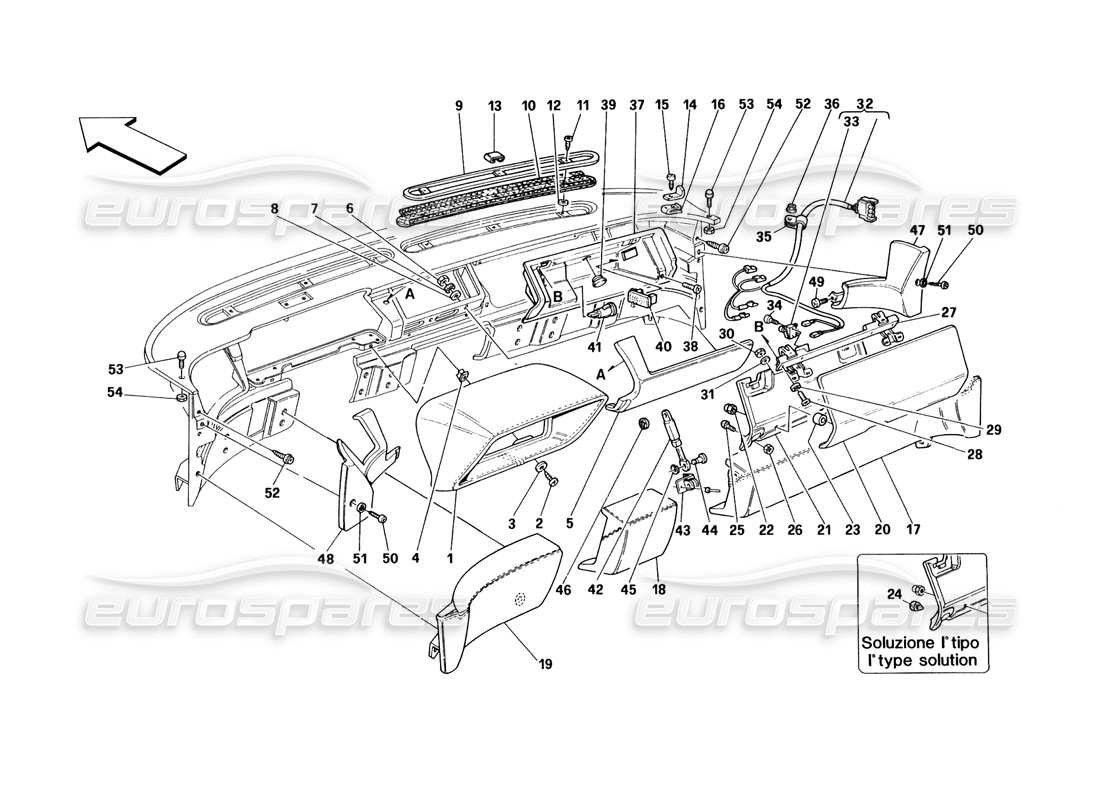 Ferrari 348 (1993) TB / TS Armaturenbrett – Verkleidung und Zubehör Teilediagramm