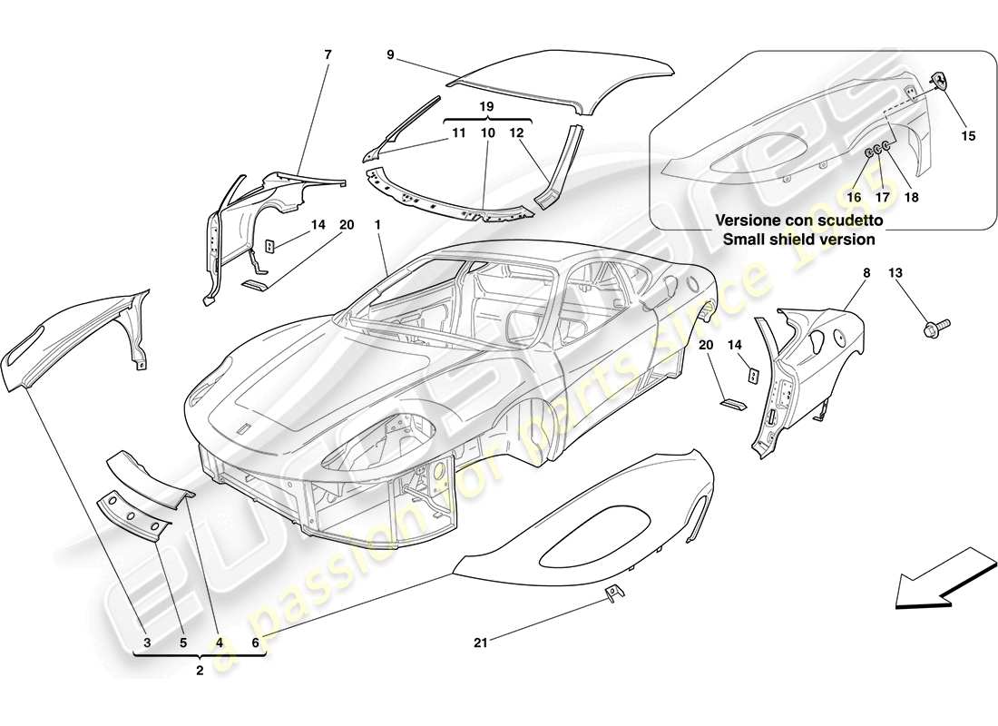 Ferrari F430 Coupé (RHD) KAROSSERIE – AUSSENVERKLEIDUNG Teilediagramm