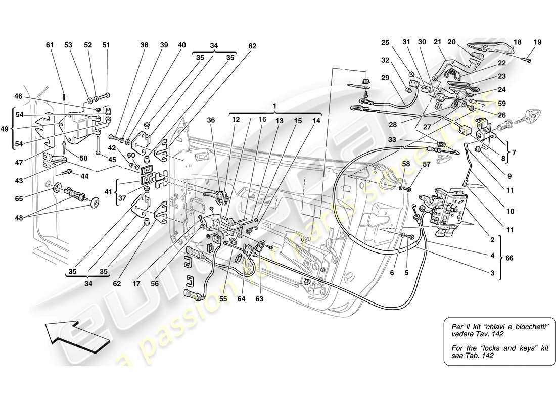 Ferrari F430 Coupé (RHD) TÜREN – ÖFFNUNGSMECHANISMUS UND SCHARNIERE Teilediagramm