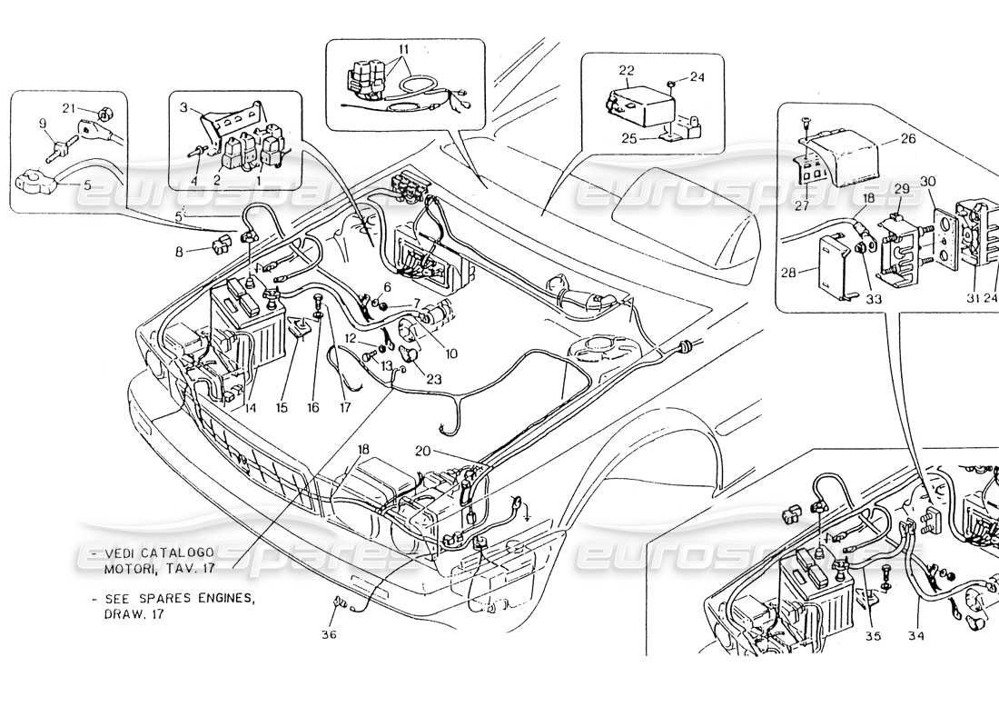 Maserati 418 / 4.24v / 430 Motorraum. Elektr. System, Linkslenkung. Teildiagramm