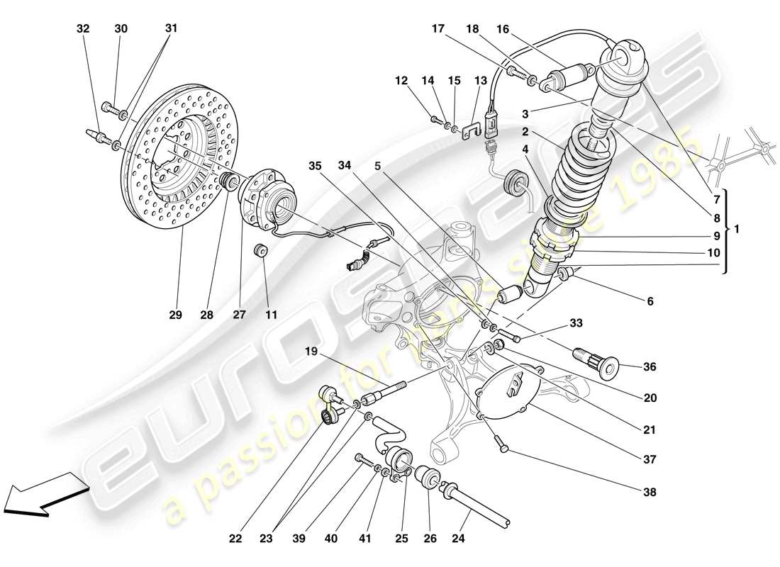 Ferrari F430 Spider (USA) Vorderradaufhängung – Stoßdämpfer und Bremsscheibe Teildiagramm