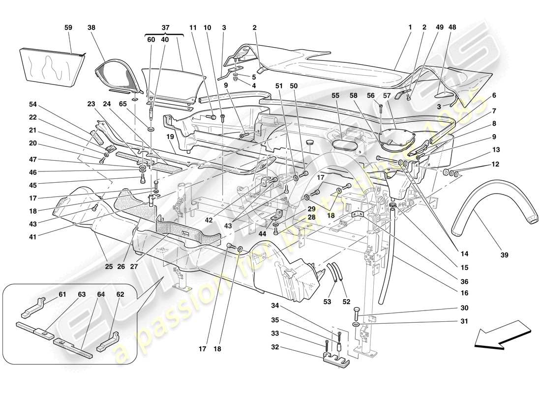Ferrari F430 Spider (USA) DACHVERKLEIDUNG UND WANNE Teildiagramm