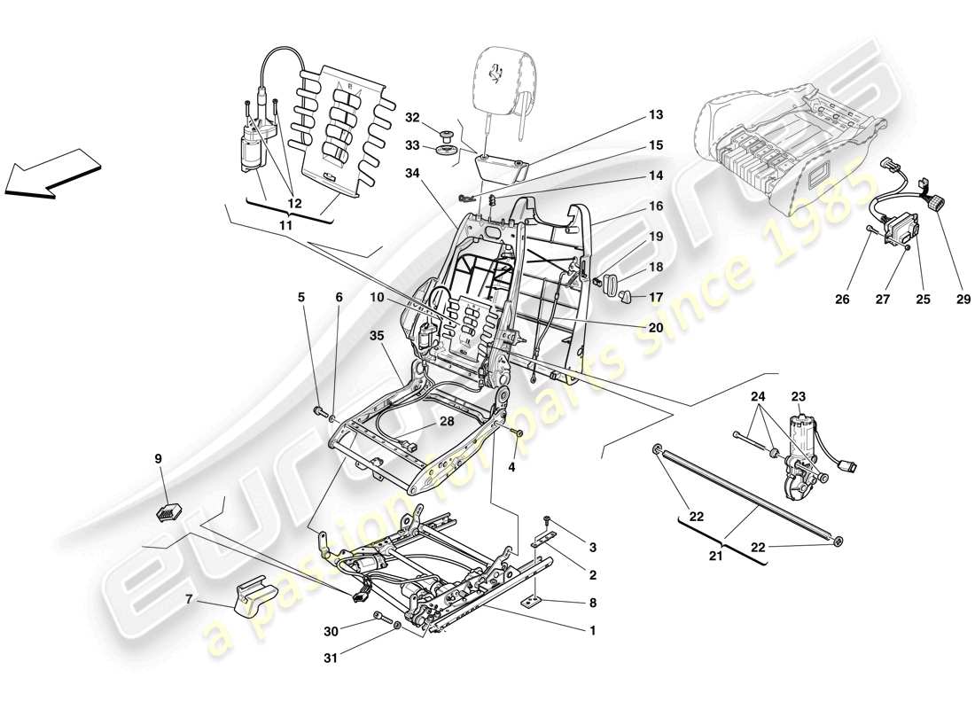 Ferrari F430 Spider (USA) elektrischer Sitz – Führungen und Einstellmechanismen Teildiagramm