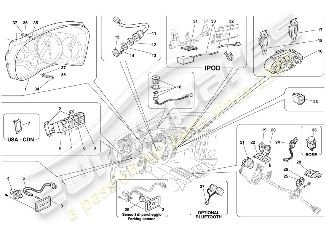 Ferrari F430 Spider (USA) Armaturenbrett und Tunnelinstrumente Teildiagramm