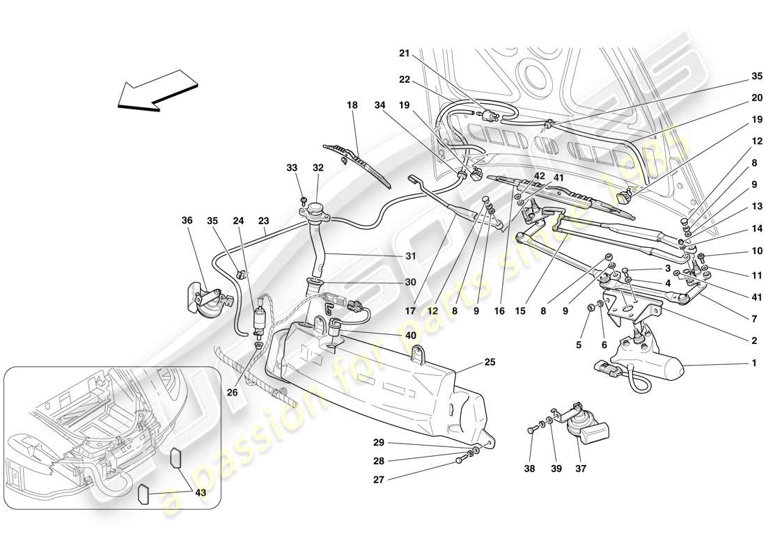 Ferrari F430 Spider (USA) Scheibenwischer, Scheibe und Hupen Teildiagramm