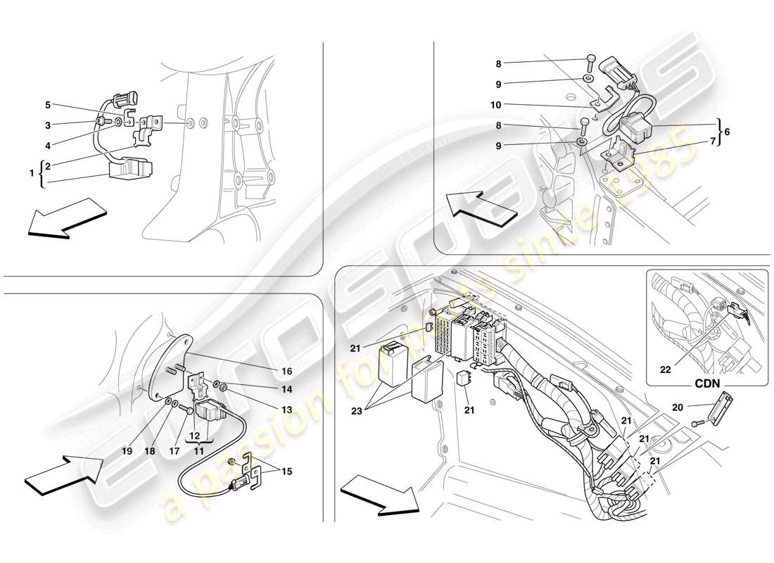Ferrari F430 Spider (USA) Steuergeräte und Sensoren im Vorderraum und Motorraum Teildiagramm
