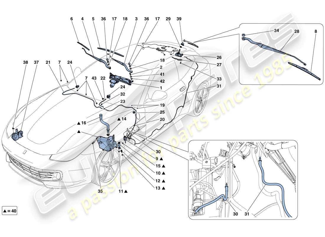 Ferrari GTC4 Lusso T (EUROPA) Scheibenwischer, Scheibe und Hupen Teilediagramm