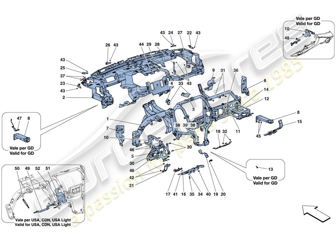 Ferrari GTC4 Lusso T (RHD) Armaturenbrett – Unterkonstruktion Teildiagramm