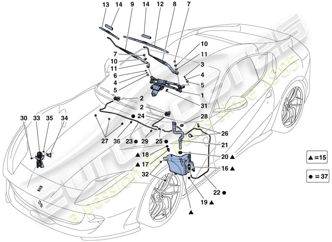 Ferrari 812 Superfast (Europa) Scheibenwischer, Scheibe und Hupen Teildiagramm