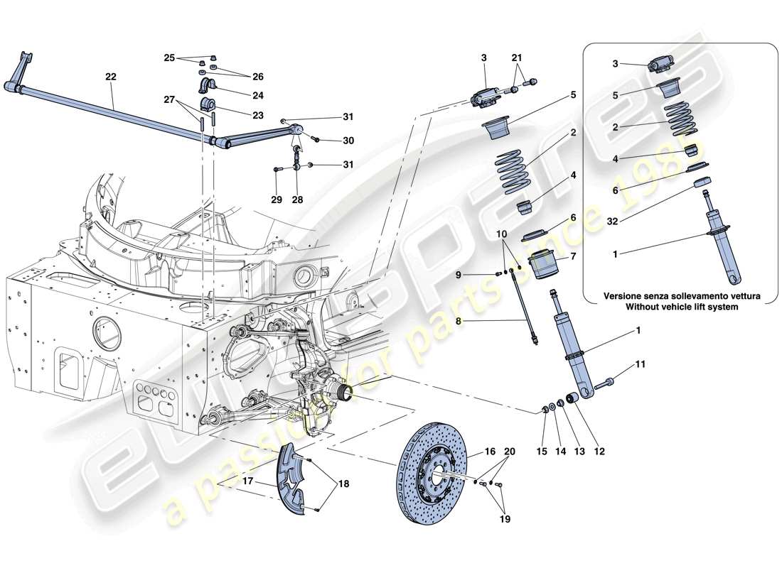Ferrari LaFerrari Aperta (USA) Vorderradaufhängung – Stoßdämpfer und Bremsscheibe Teildiagramm