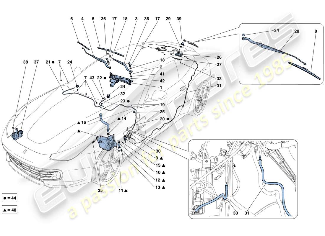 Ferrari GTC4 Lusso (RHD) Scheibenwischer, Scheibe und Hupen Teilediagramm