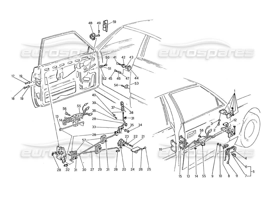 Maserati 2.24v Türen: Scharniere und innere Bedienelemente Teilediagramm