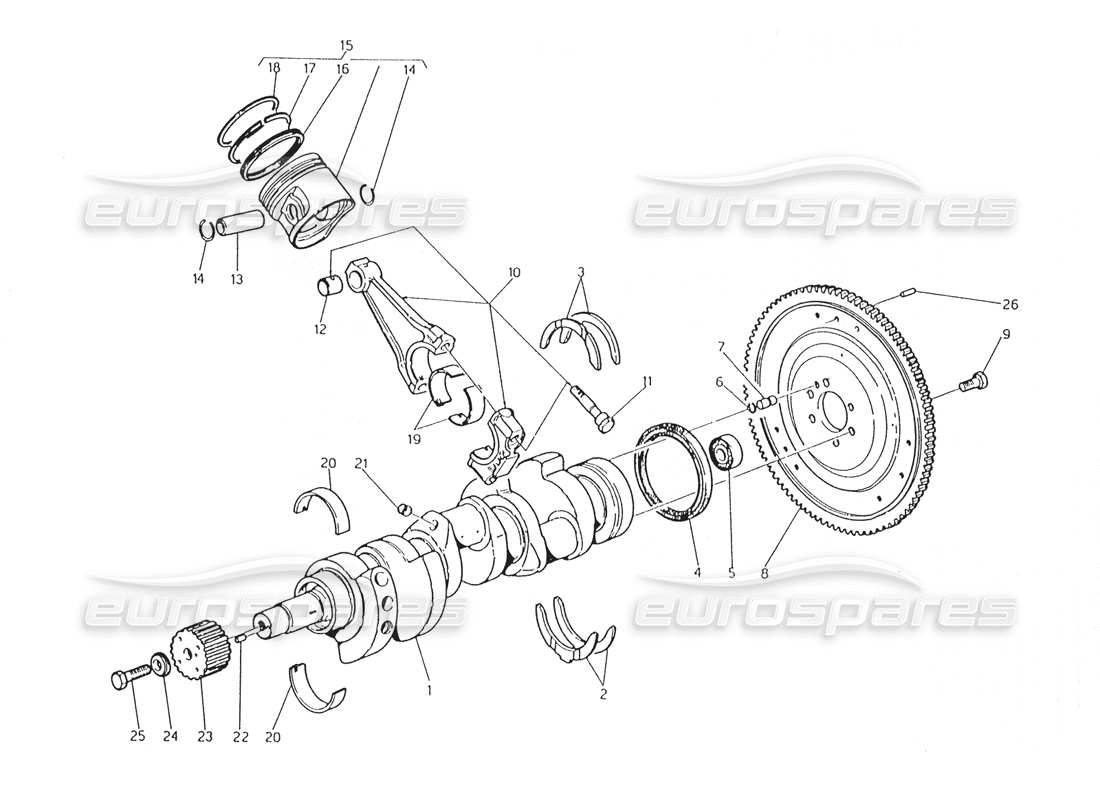 Maserati Karif 2.8 Kurbelwelle – Kolben – Pleuel und Schwungrad Teildiagramm