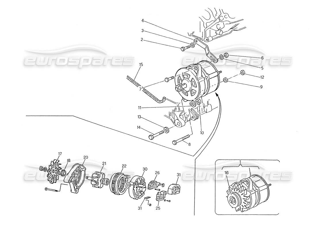 Maserati Karif 2.8 Lichtmaschine und Halterung Teildiagramm