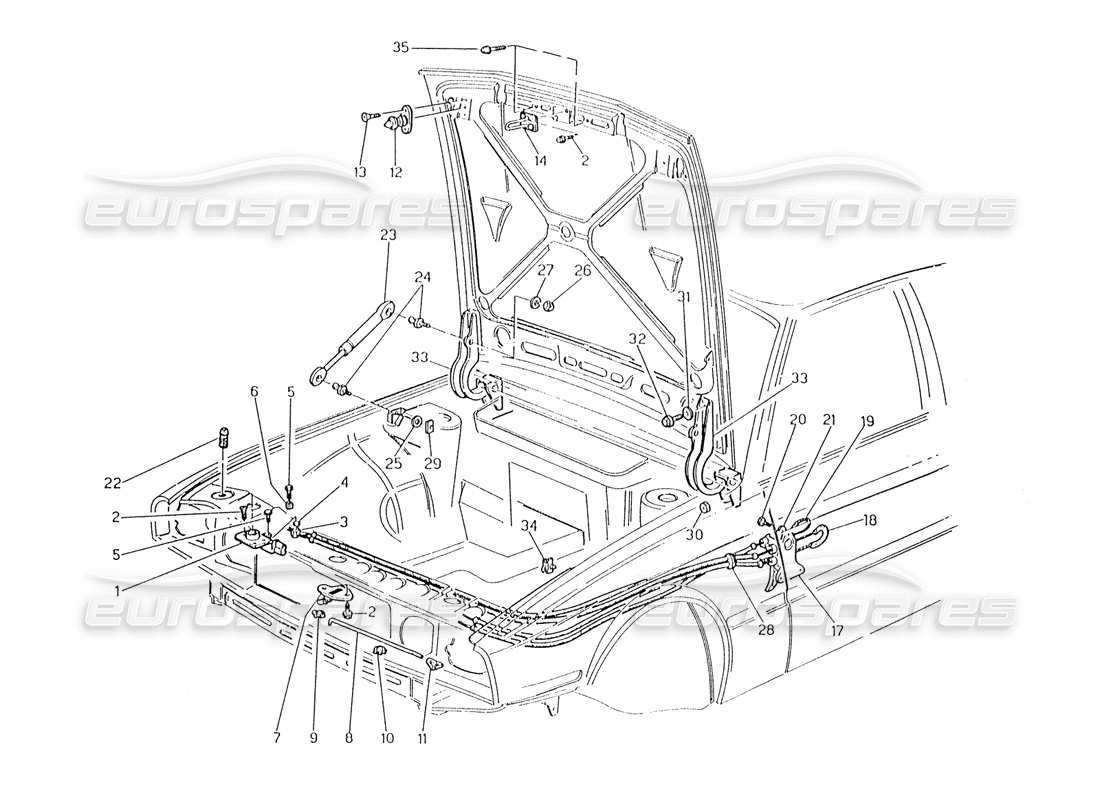 Maserati Karif 2.8 Motorhaube: Scharniere und Motorhaubenentriegelung Teildiagramm