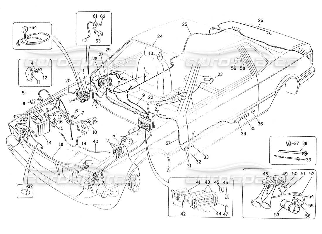 Maserati Karif 2.8 Teildiagramm des Kabelbaums und der elektrischen Komponenten (Fahrzeuge mit Rechtslenkung).